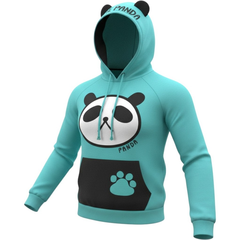 Ak Dong Teal Panda Graphic Hoodie 3D Ears Made in Korea Women Size M Kidcore